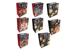 Новогодний бумажный пакет с веревочными ручками, 18х10х23 см, в ассортименте