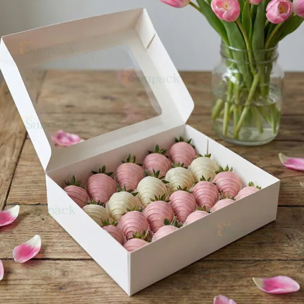 Белая коробка с окошком для клубники в шоколаде, 260x190x50 мм