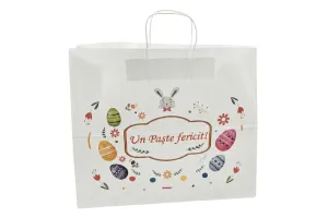 Punga hartie cadou cu maner rasucit 42x17x35 cm, alba „Un Paste fericit!”