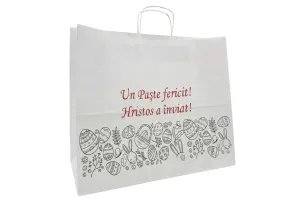 Punga hartie cadou cu maner rasucit 42x17x35 cm, alba „Un Paste fericit! Hristos a inviat!”