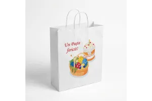 Бумажный пакет с кручеными ручками 30x15x40 см, белый, с пасхальным принтом «Paste fericit!»