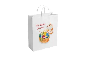 Punga hartie cadou cu maner rasucit 30x15x40 cm, alba „Paste fericit!”