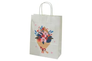 Punga hartie cadou cu maner rasucit 26x14x35 cm, alba cu buchet „Love”