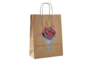 Бумажный пакет с кручеными ручками 26x14x34 см, крафтовый, с букетом «With love»