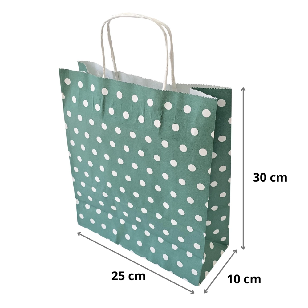 Punga hartie cu maner rasucit 25x10x30 cm, verde cu buline